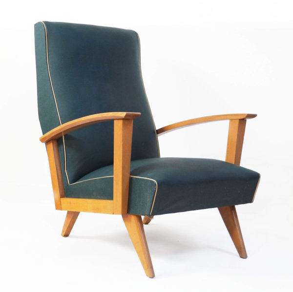 fauteuil vintage vert accoudoirs bois