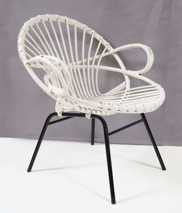 fauteuil pied fer rotin blanc vintage